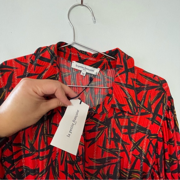 La Petite Francaise shirt dress maxi length, red base bamboo print gold detail - Picture 5 of 9